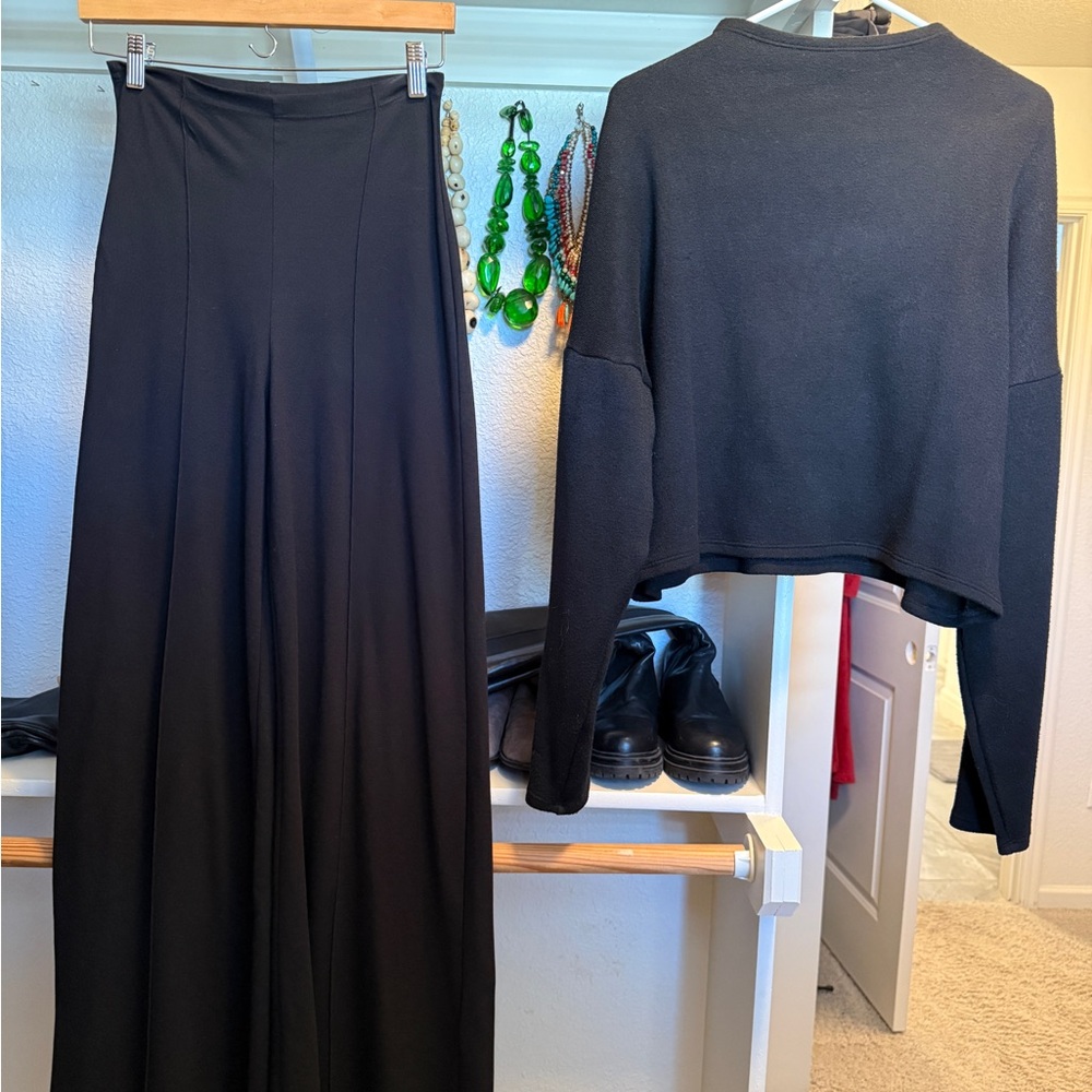 Black Ponte Knit Long Wide-Leg Pants and Cropped Sweater Set